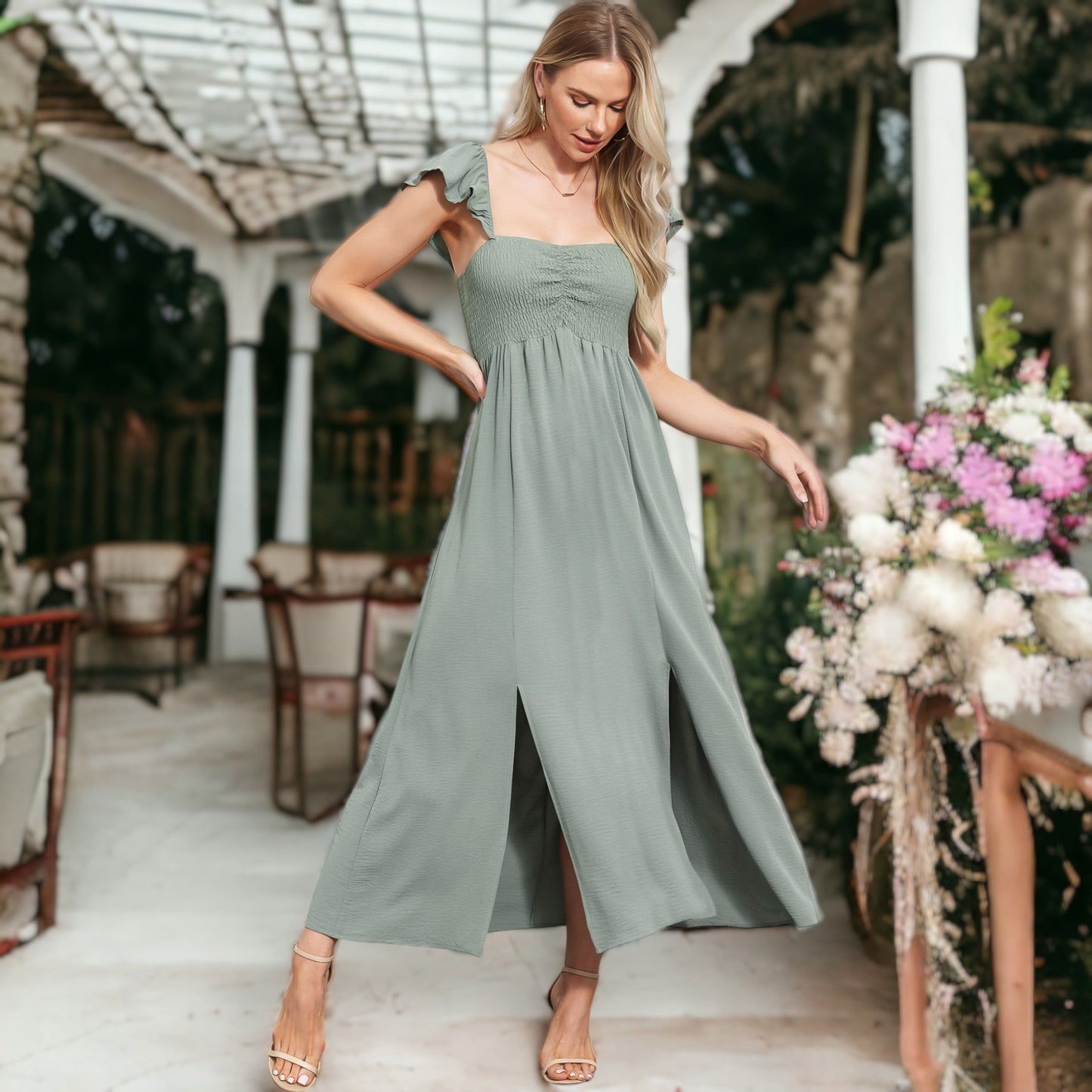 Ruffled Cap Sleeve Maxi Slit Dress