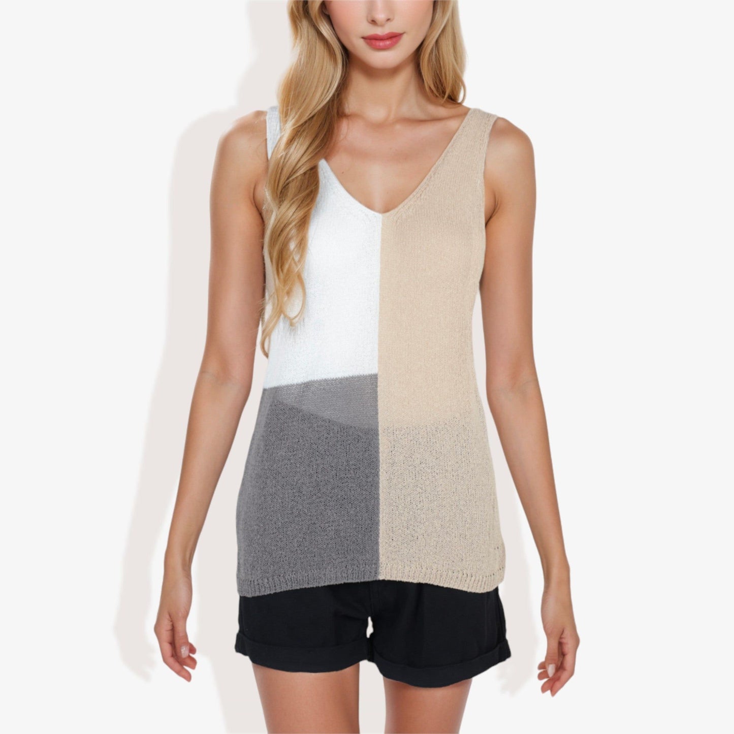 V-Neck Color Block Sweater Top - Lightweight Knit