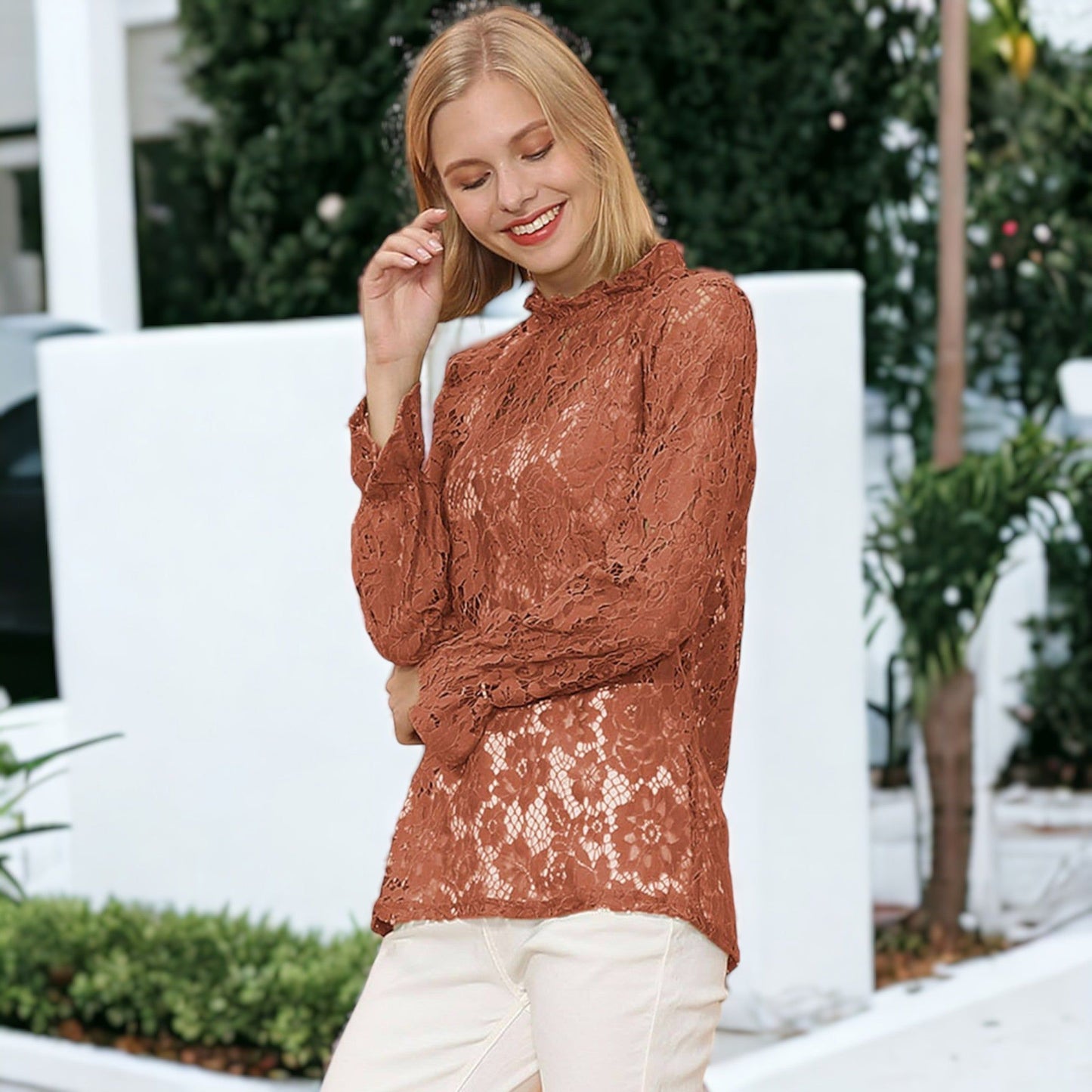 Layering Lace Puffed Sleeve Sheer Top