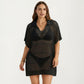 Mesh Swim Cover Up Dress with Open Knit Design Collared Neckline Short Sleeves Relaxed Fit