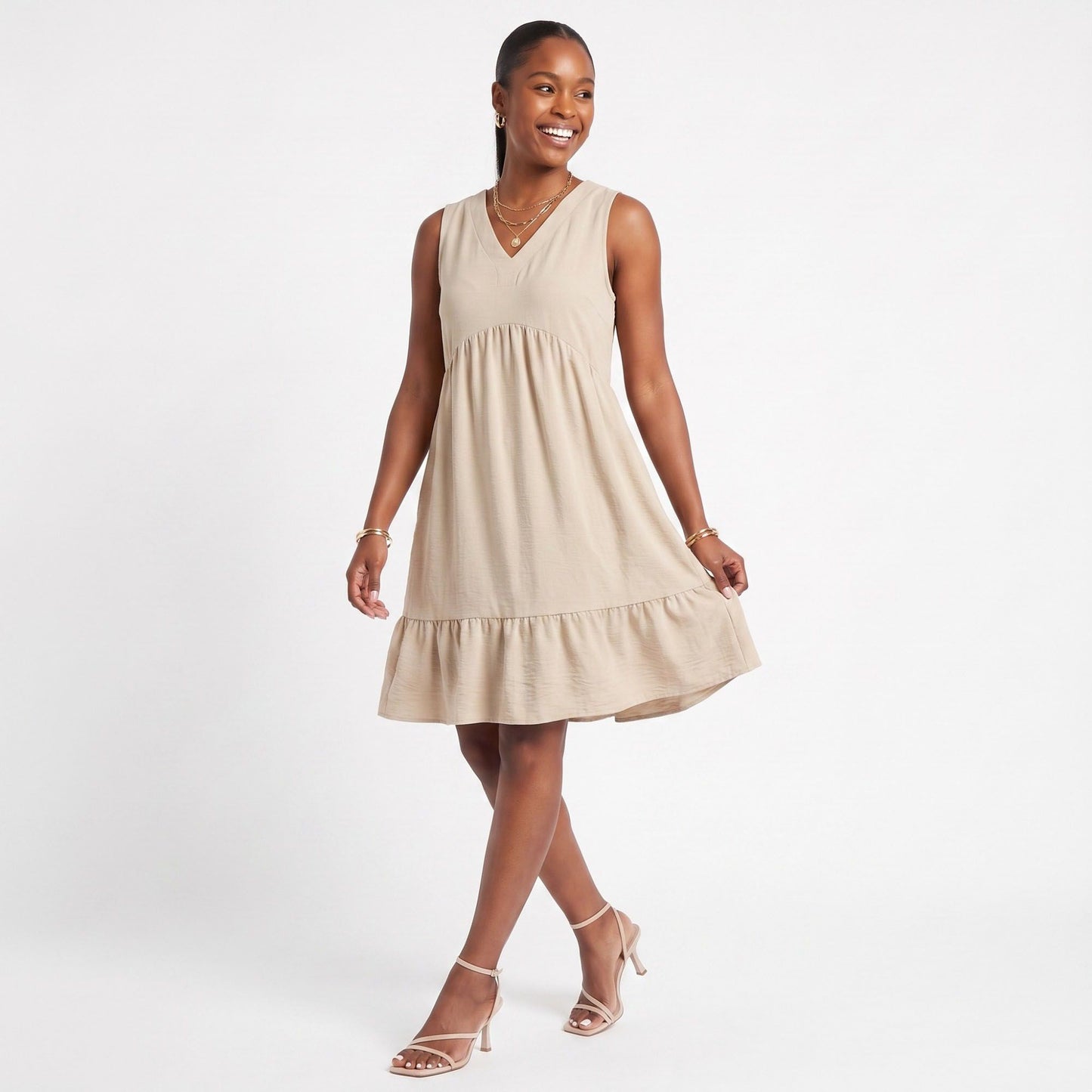 Sleeveless V-Neck Babydoll Ruffle Hem Dress with Pockets