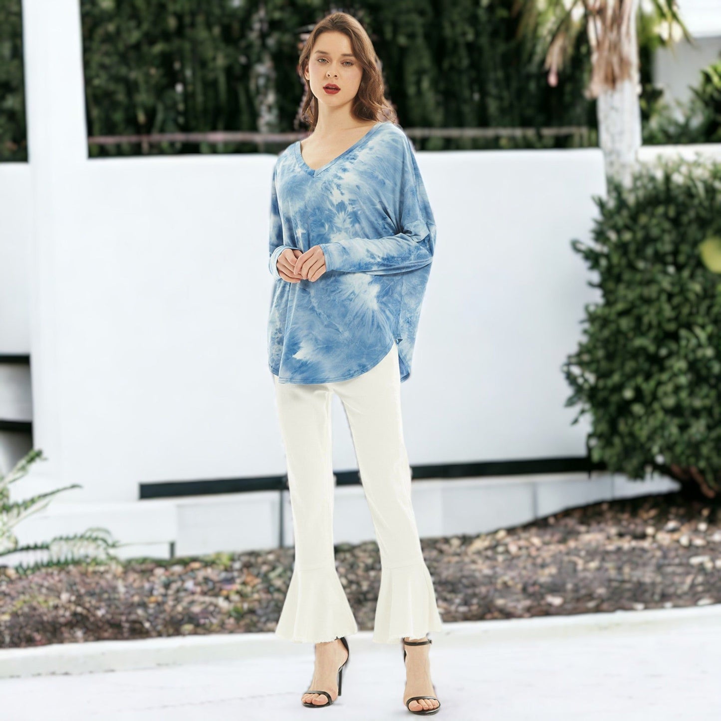Long Sleeve T Shirt V Neck Casual Basic Tee Tie Dye Tops
