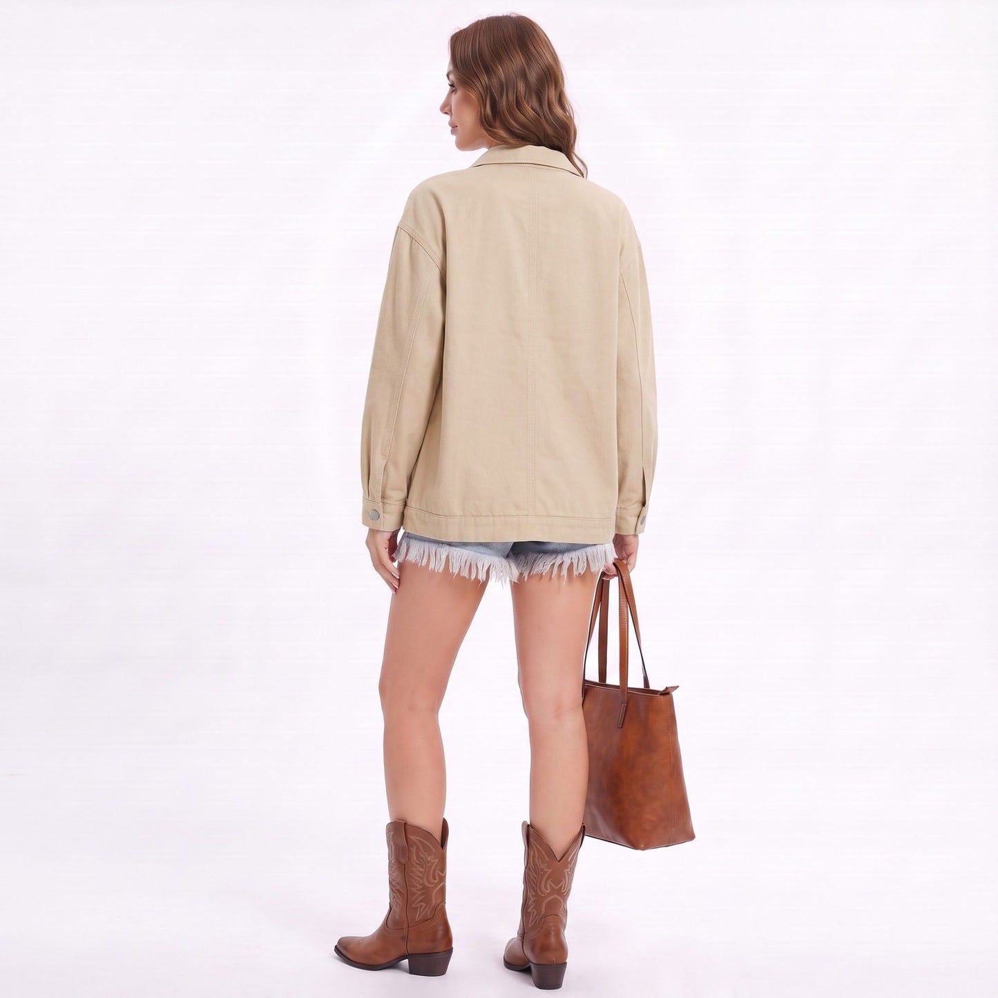 Oversized Denim Jacket Button Front Long Sleeve Jean Jacket With Patch Pockets