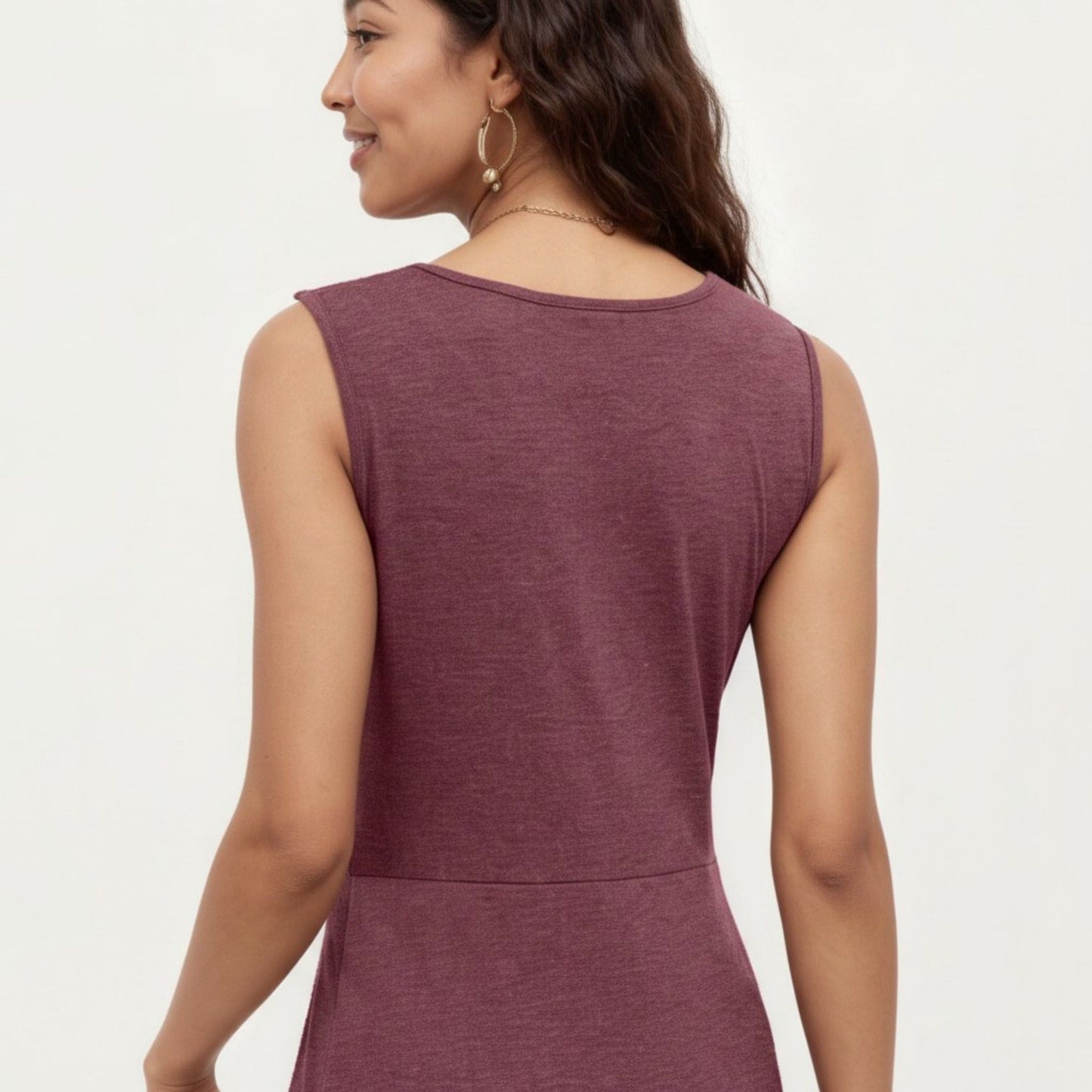 Sleeveless V Neck Midi Dress with Front Twist Detail and Flowy A Line Silhouette