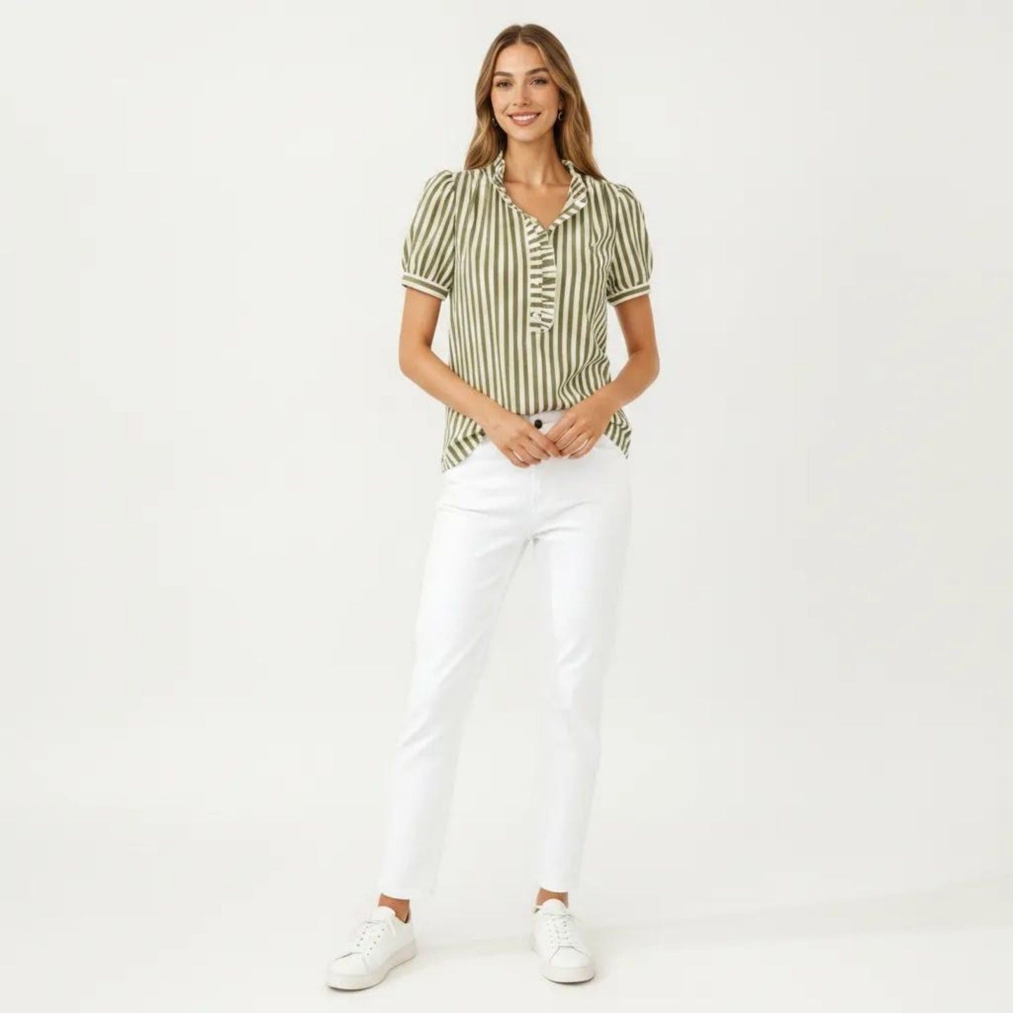Short Sleeve Striped Blouse with Ruffle Trim V Neck Puff Sleeve Lightweight Pullover Shirt
