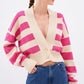 Striped V-Neck Cropped Cardigan Sweater