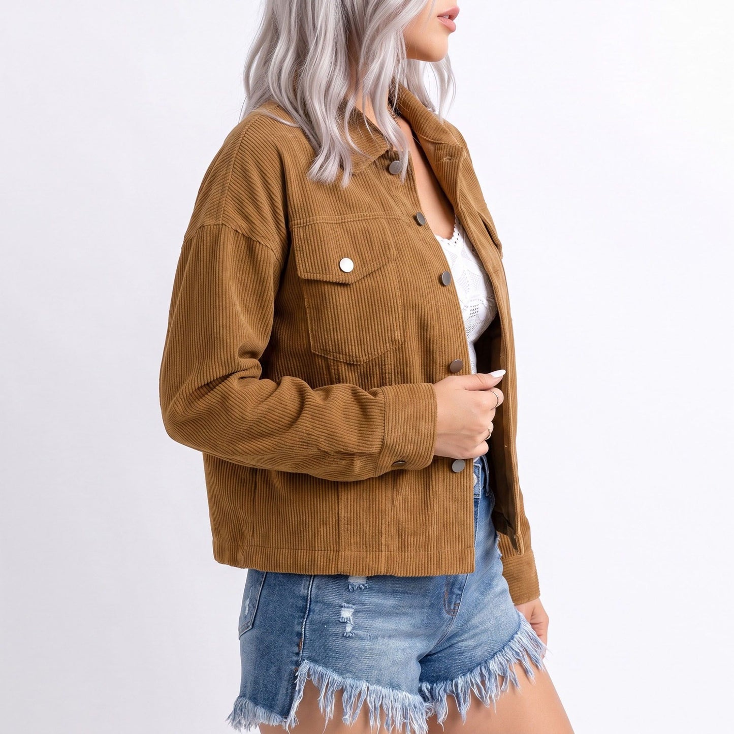 Cropped Button Front Shirt Jacket with Patch Pockets