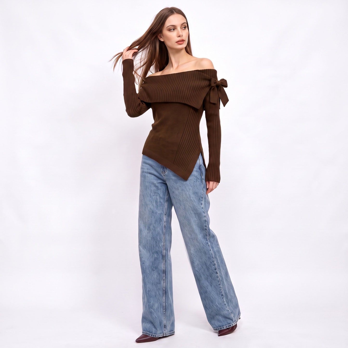 Off Shoulder Bow Asymmetrical Knit Sweater