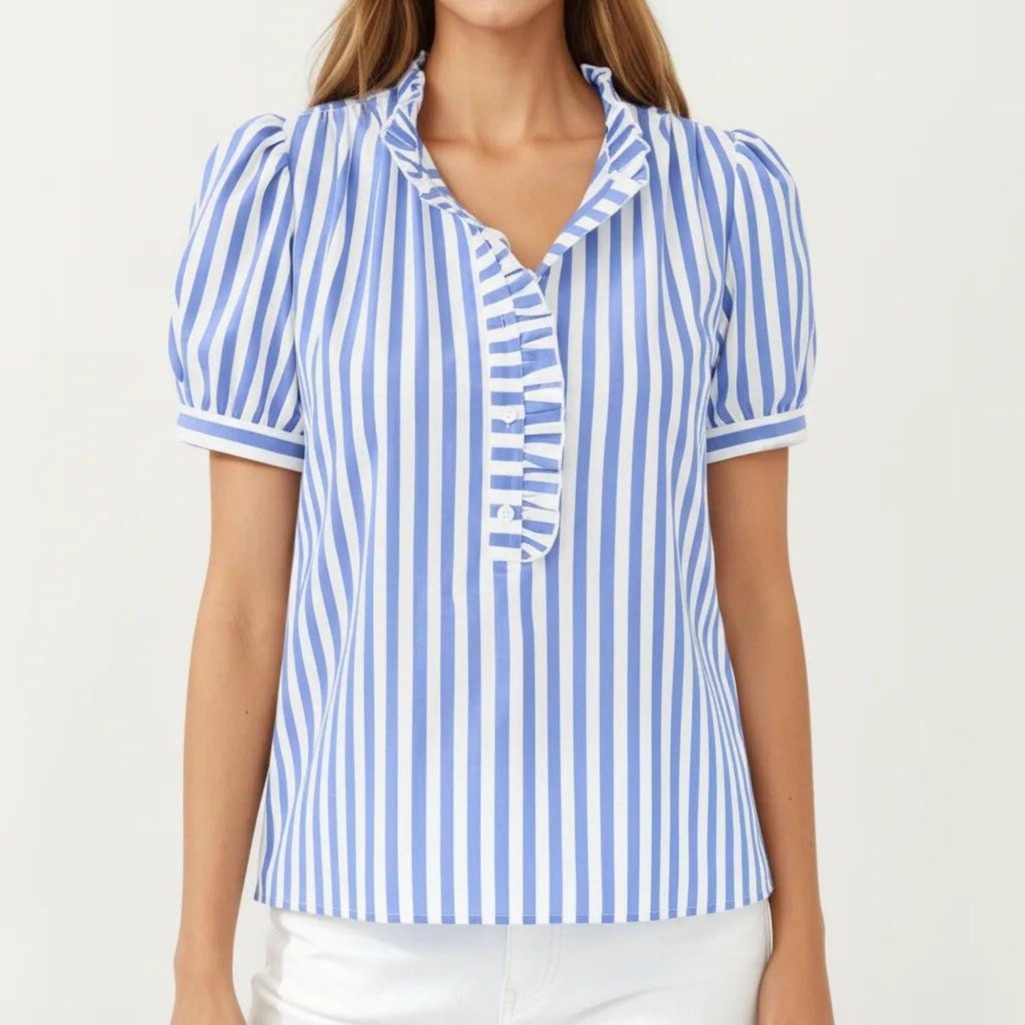 Short Sleeve Striped Blouse with Ruffle Trim V Neck Puff Sleeve Lightweight Pullover Shirt