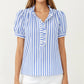 Short Sleeve Striped Blouse with Ruffle Trim V Neck Puff Sleeve Lightweight Pullover Shirt