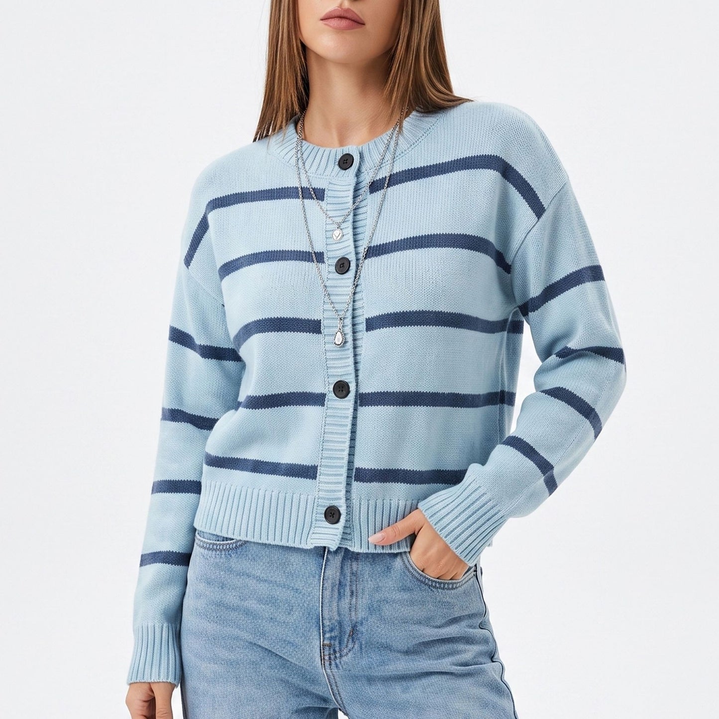 Striped Crewneck Button Front Knit Cardigan Sweater