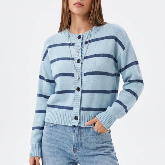 Striped Crewneck Button Front Knit Cardigan Sweater