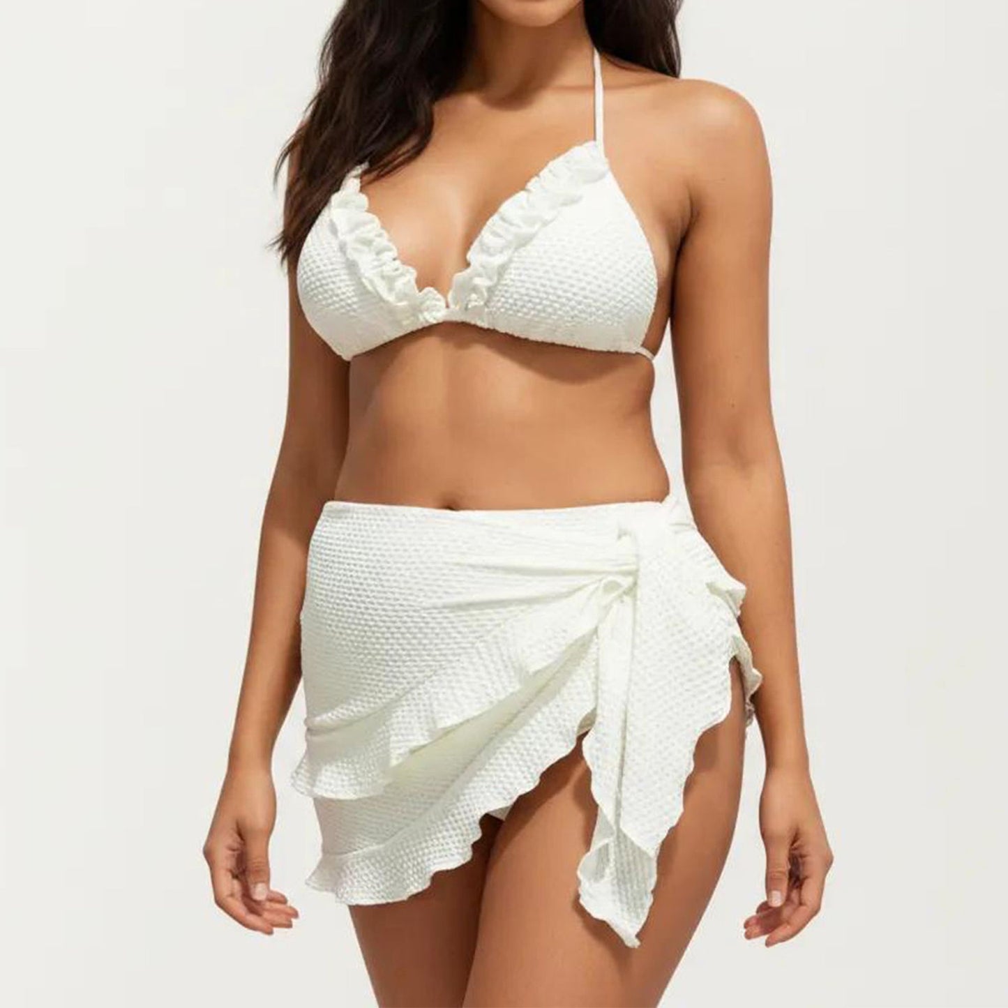 Maternity 3-Pcs Bikini Set with Triangle Top, High-Waisted Bottom, and Matching Skirt Wrap