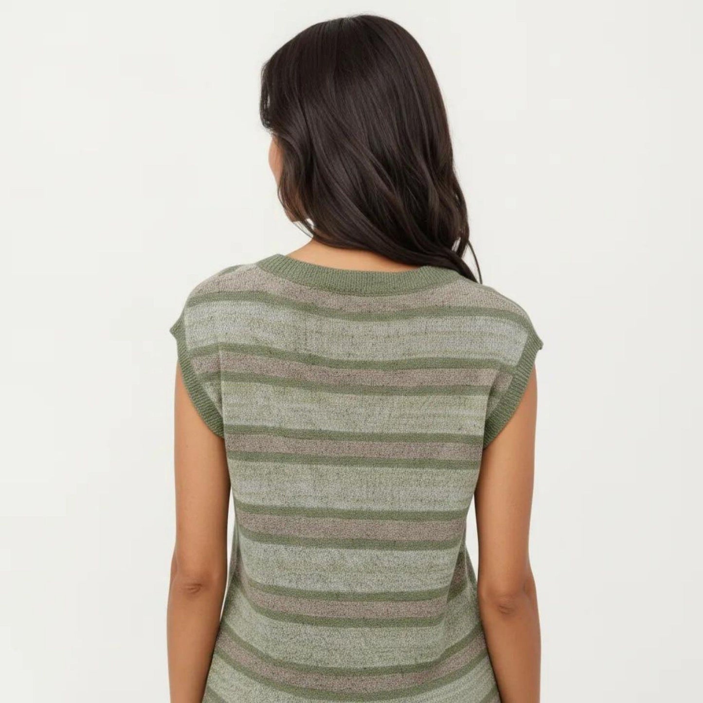Sleeveless Striped Knit Top with Shoulder Button Detail and Relaxed Fit