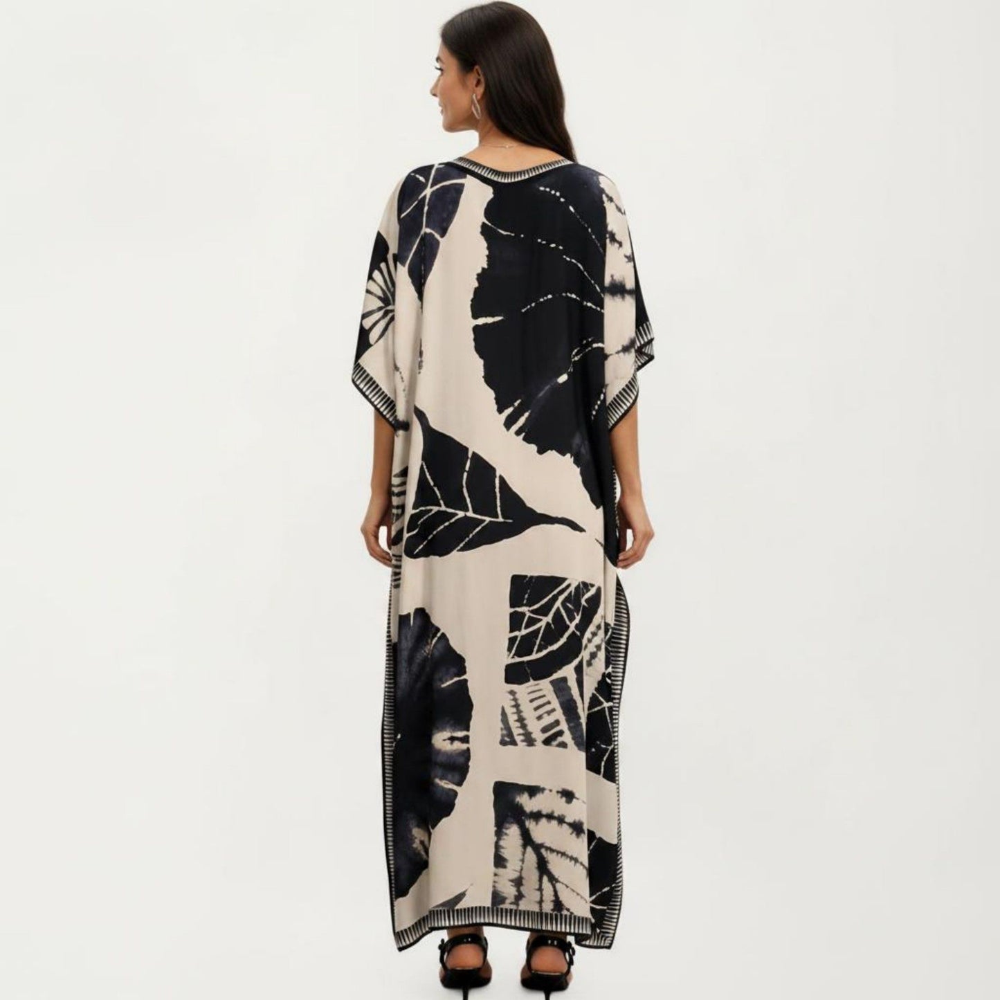 Abstract Print Maxi Caftan Dress with V-Neckline Short Sleeves and Relaxed Draped Silhouette