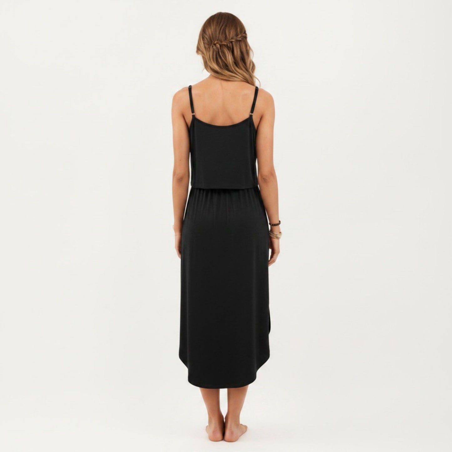 Sleeveless Midi Dress with Spaghetti Straps and Adjustable Drawstring Waist Relaxed Fit Silhouette
