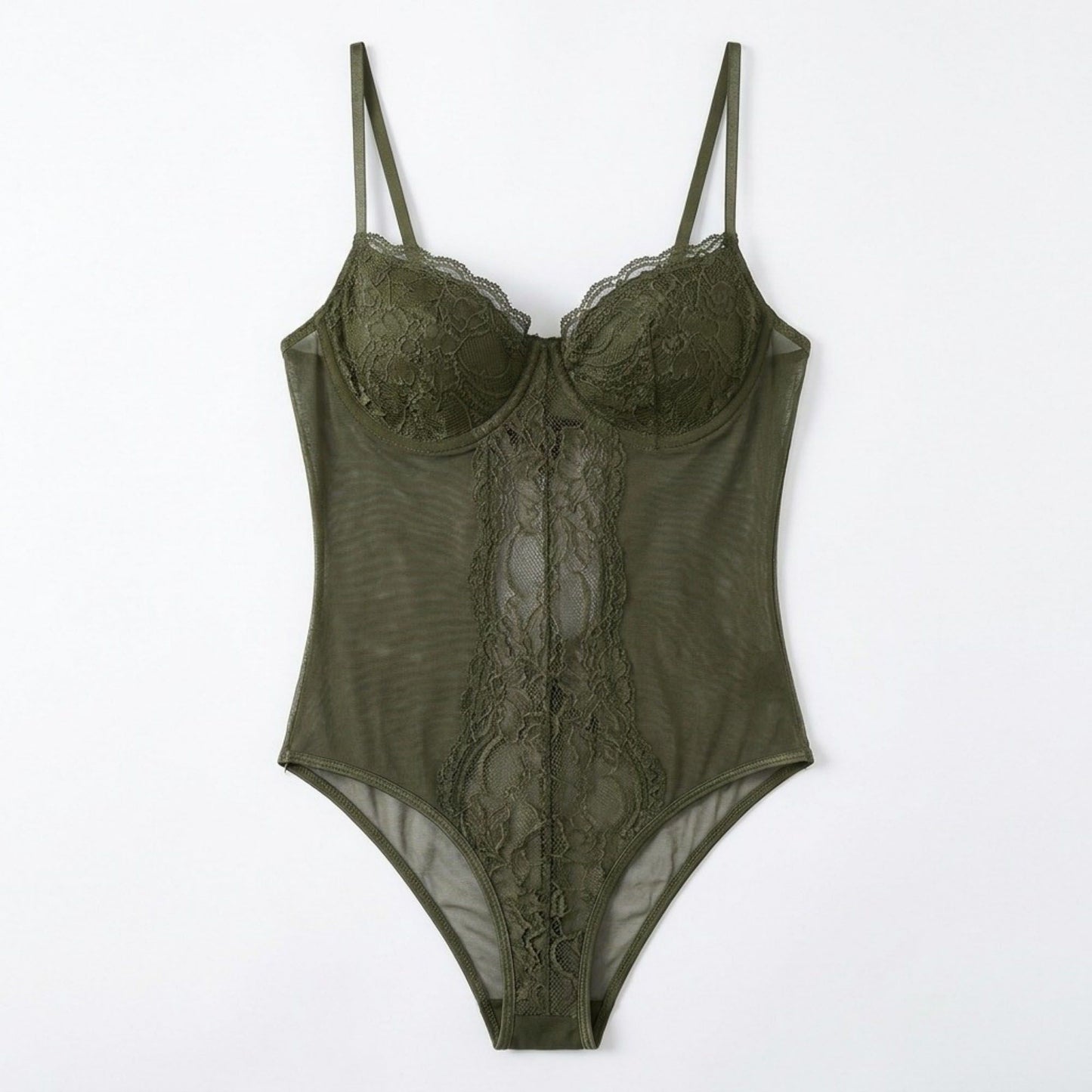 Floral Lace Mesh Bodysuit with Underwire Cups and Adjustable Straps