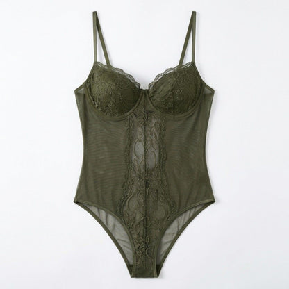 Floral Lace Mesh Bodysuit with Underwire Cups and Adjustable Straps