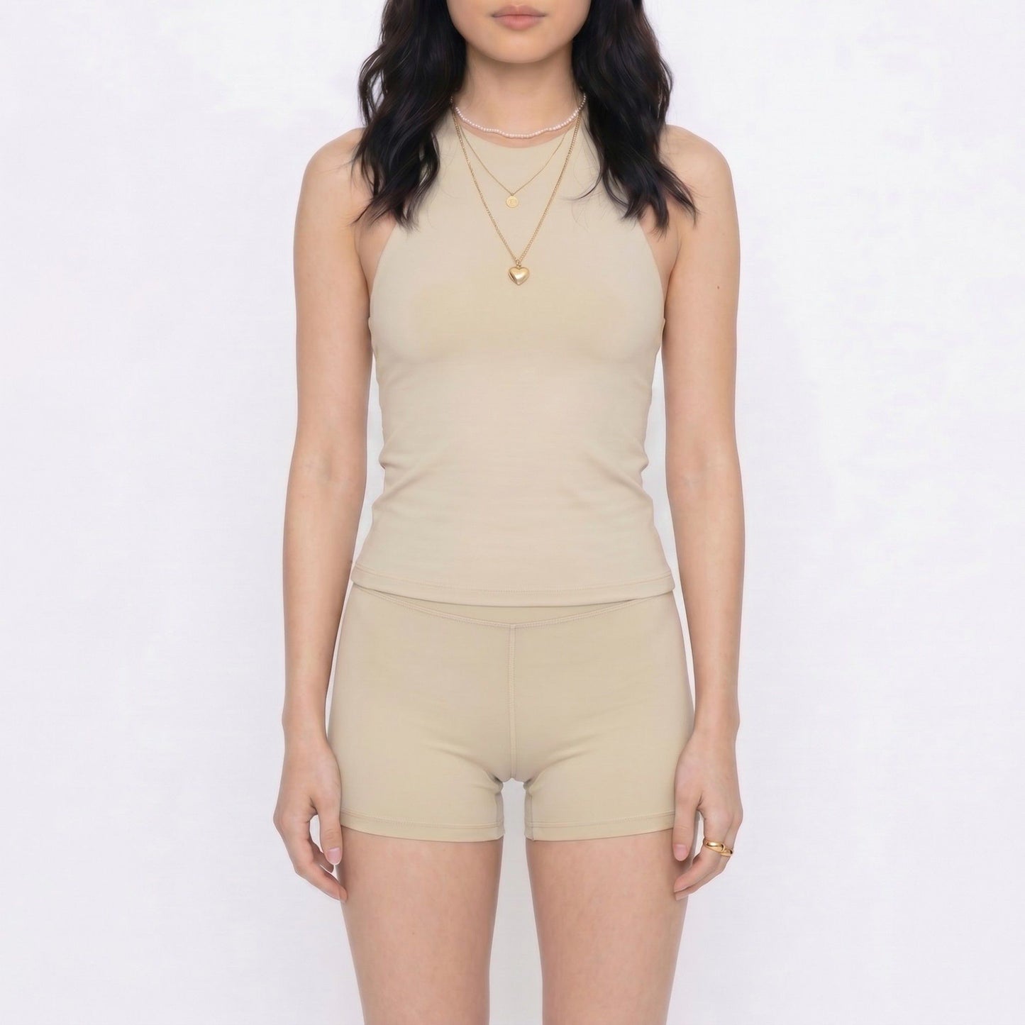 2-Piece Set Sleeveless High Neck Tank Top and Fitted Shorts Sleepwear Lounge Set with Soft Stretch Knit Feel