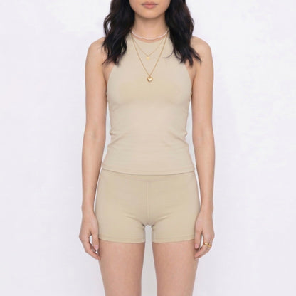 2-Piece Set Sleeveless High Neck Tank Top and Fitted Shorts Sleepwear Lounge Set with Soft Stretch Knit Feel