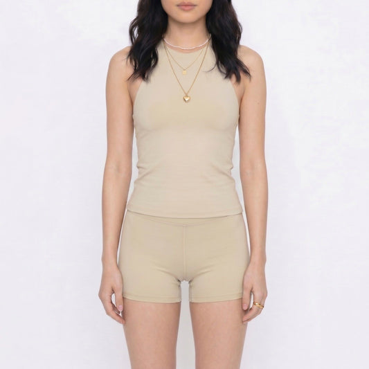 2-Piece Set Sleeveless High Neck Tank Top and Fitted Shorts Sleepwear Lounge Set with Soft Stretch Knit Feel