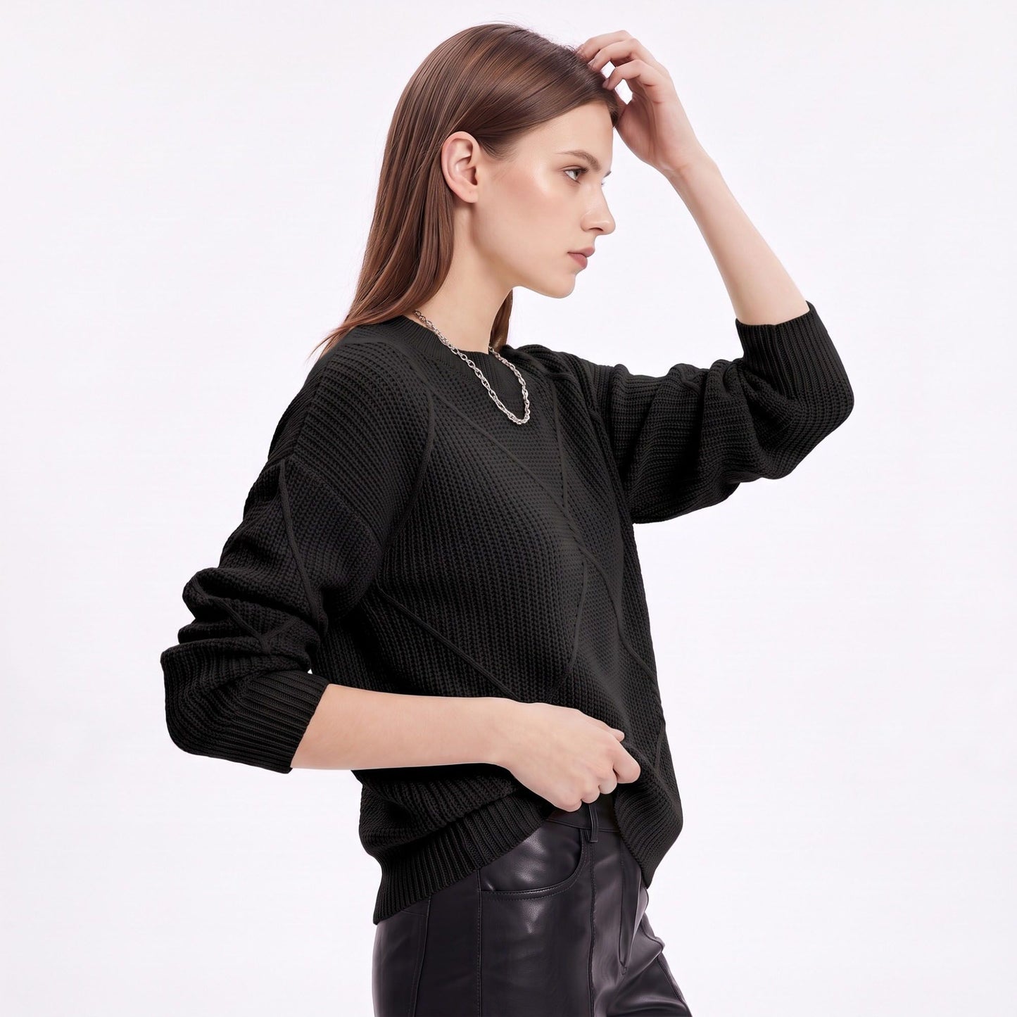 Geometric Textured Crewneck Pullover Sweater