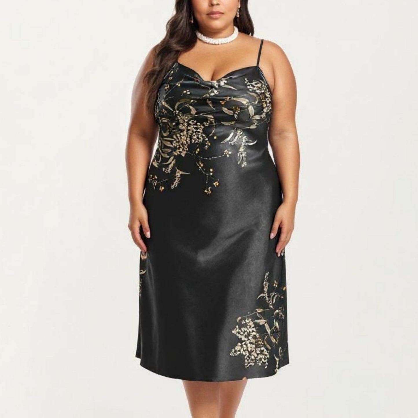 Plus Size Satin Floral Slip Nightgown with Adjustable Spaghetti Straps Cowl Neck Midi Length Sleepwear Dress