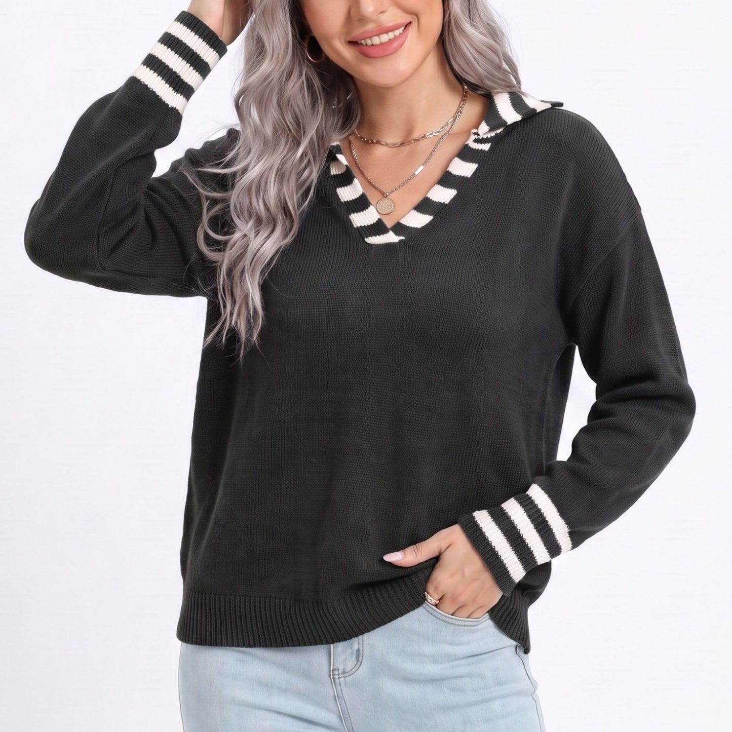 Long Sleeve Collared V Neck Knit Pullover Sweater