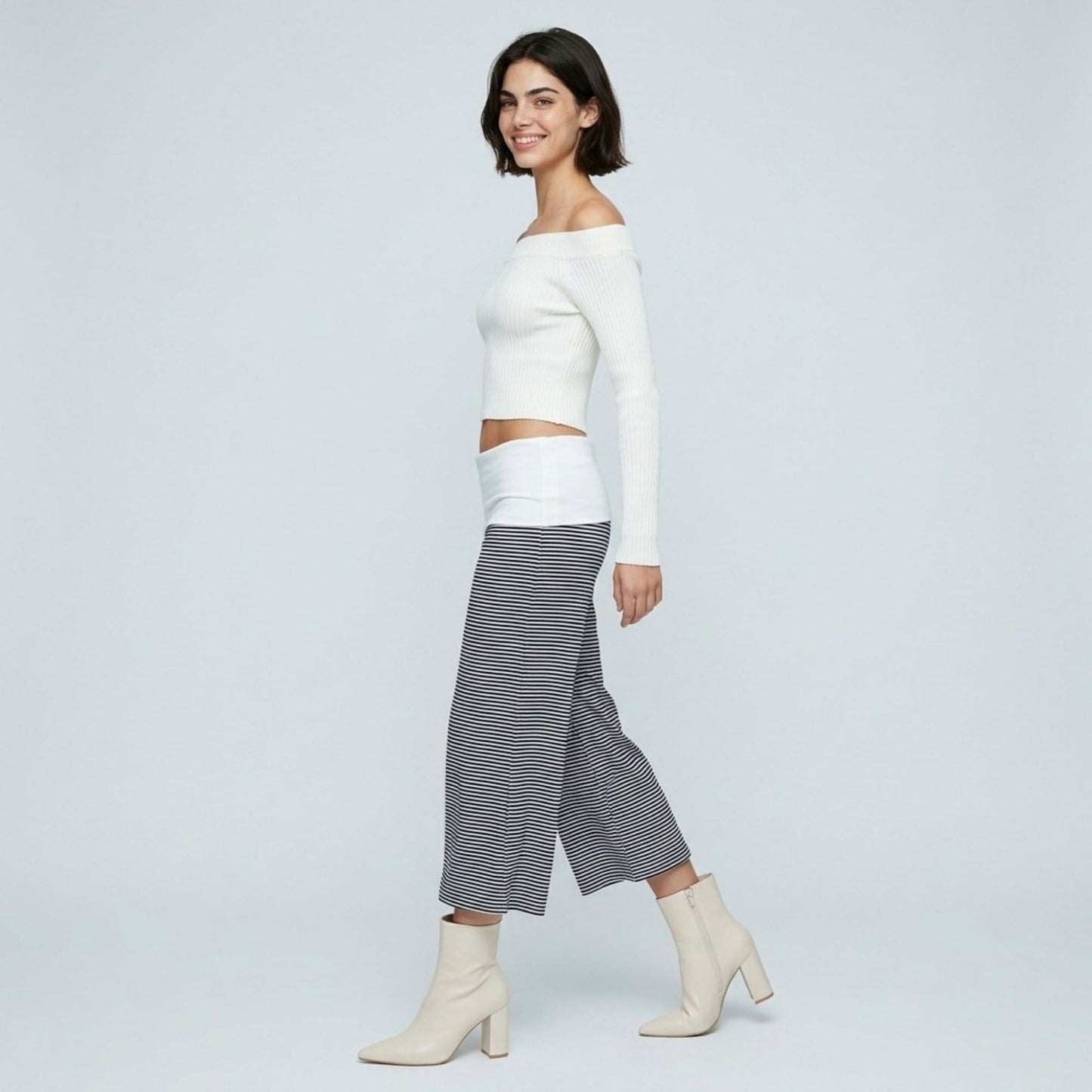 Contrast Foldover Waistband Striped Cropped Wide-Leg Trousers