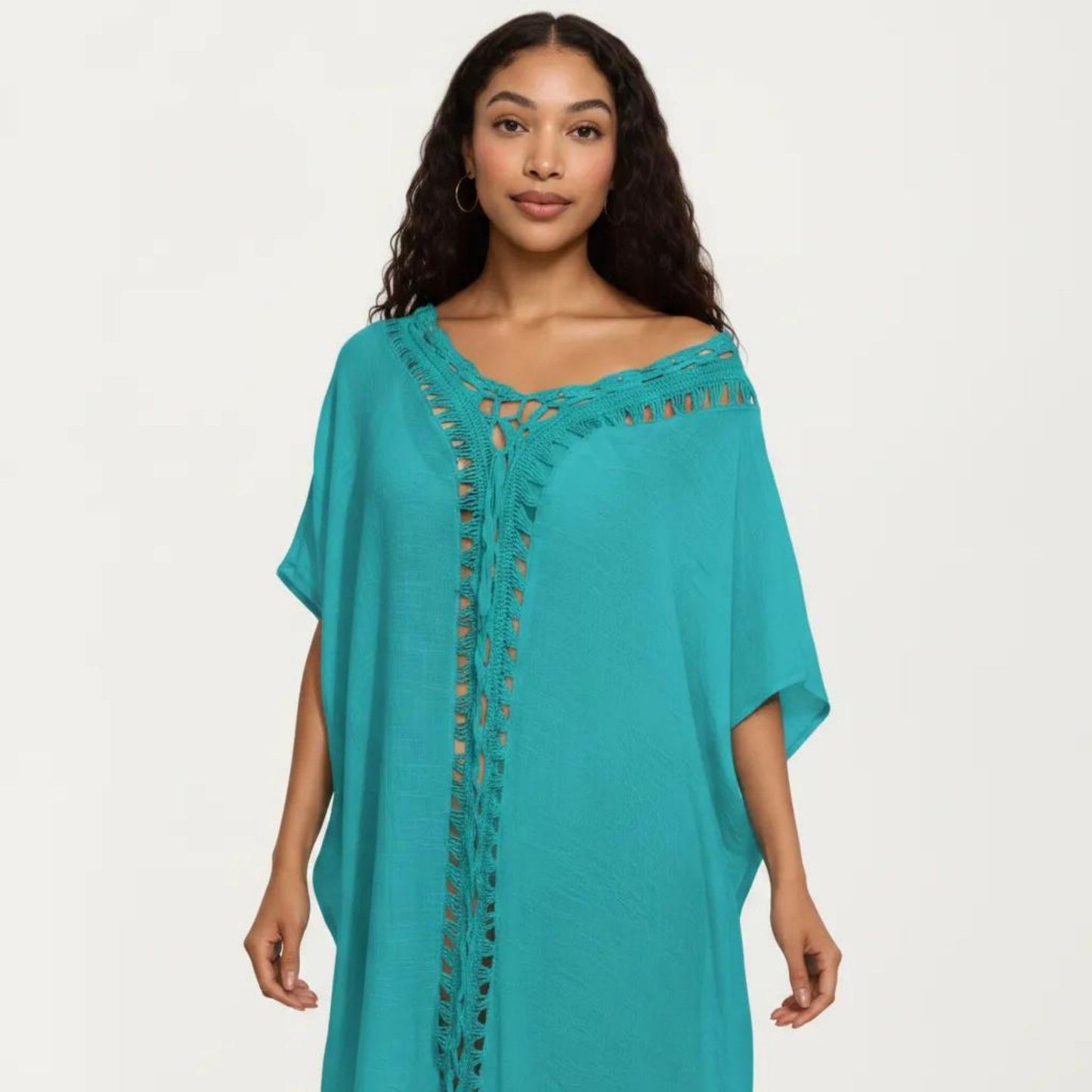 Crochet Trim Swim Cover Up Dress Loose Short Sleeve Lightweight Beach Kaftan