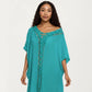 Crochet Trim Swim Cover Up Dress Loose Short Sleeve Lightweight Beach Kaftan
