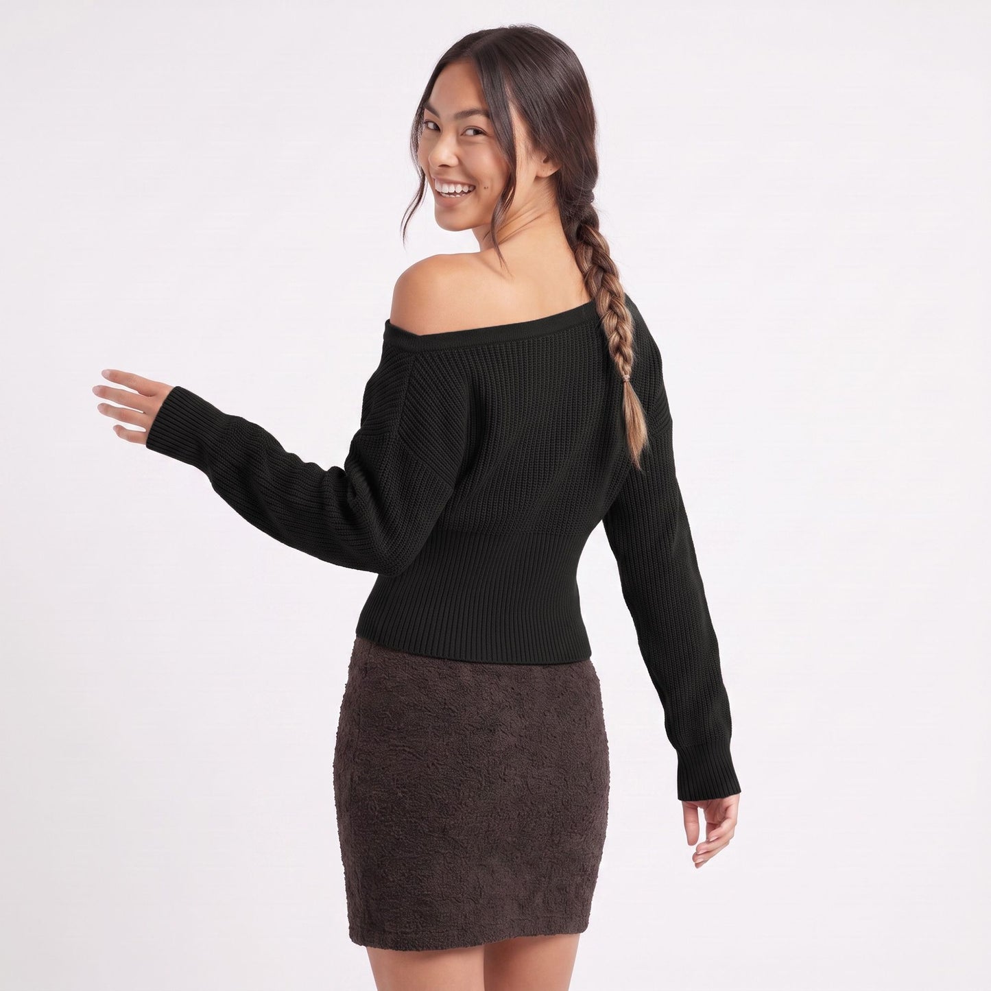 Off Shoulder Ribbed Waist Long Sleeve Knit Sweater