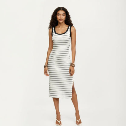 Striped Rib-Knit Scoop Neck Midi Tank Dress with Side Slit