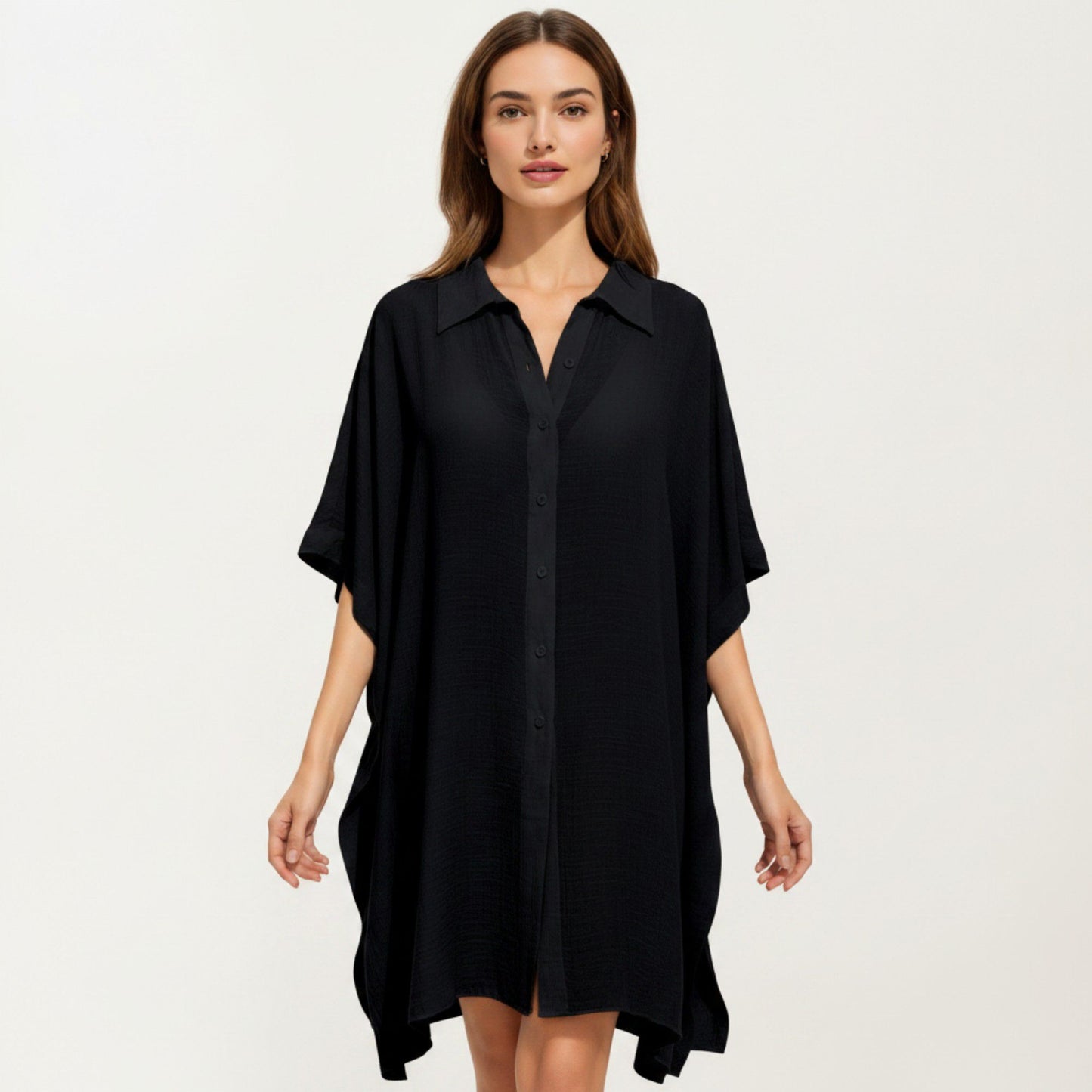 Button Front Swim Cover Up Shirt Dress Loose Lightweight Beach Kaftan