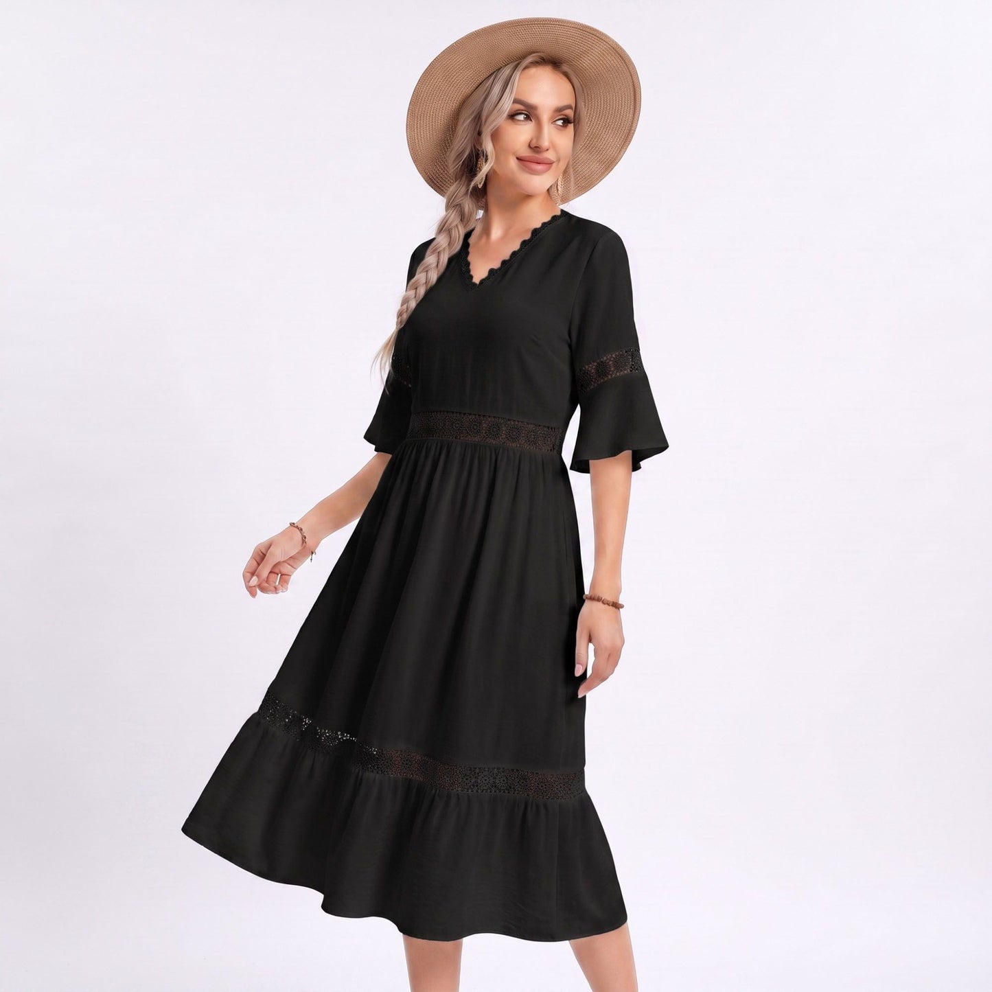 V-Neck Lace Trim Bell Sleeve Midi Dress