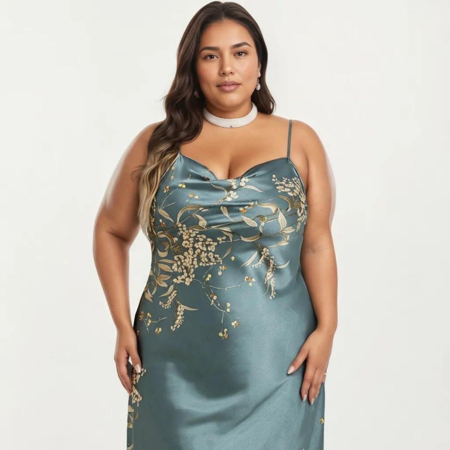 Plus Size Satin Floral Slip Nightgown with Adjustable Spaghetti Straps Cowl Neck Midi Length Sleepwear Dress