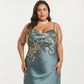 Plus Size Satin Floral Slip Nightgown with Adjustable Spaghetti Straps Cowl Neck Midi Length Sleepwear Dress