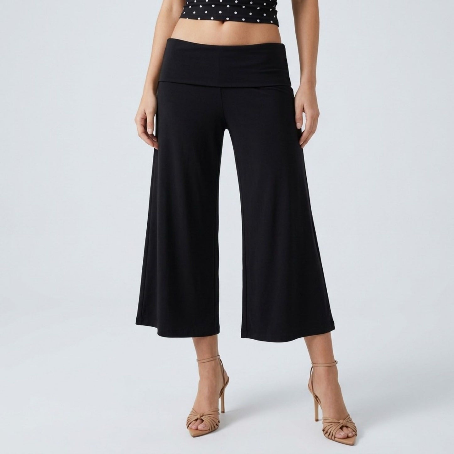 Foldover Waistband Cropped Wide-Leg Trousers