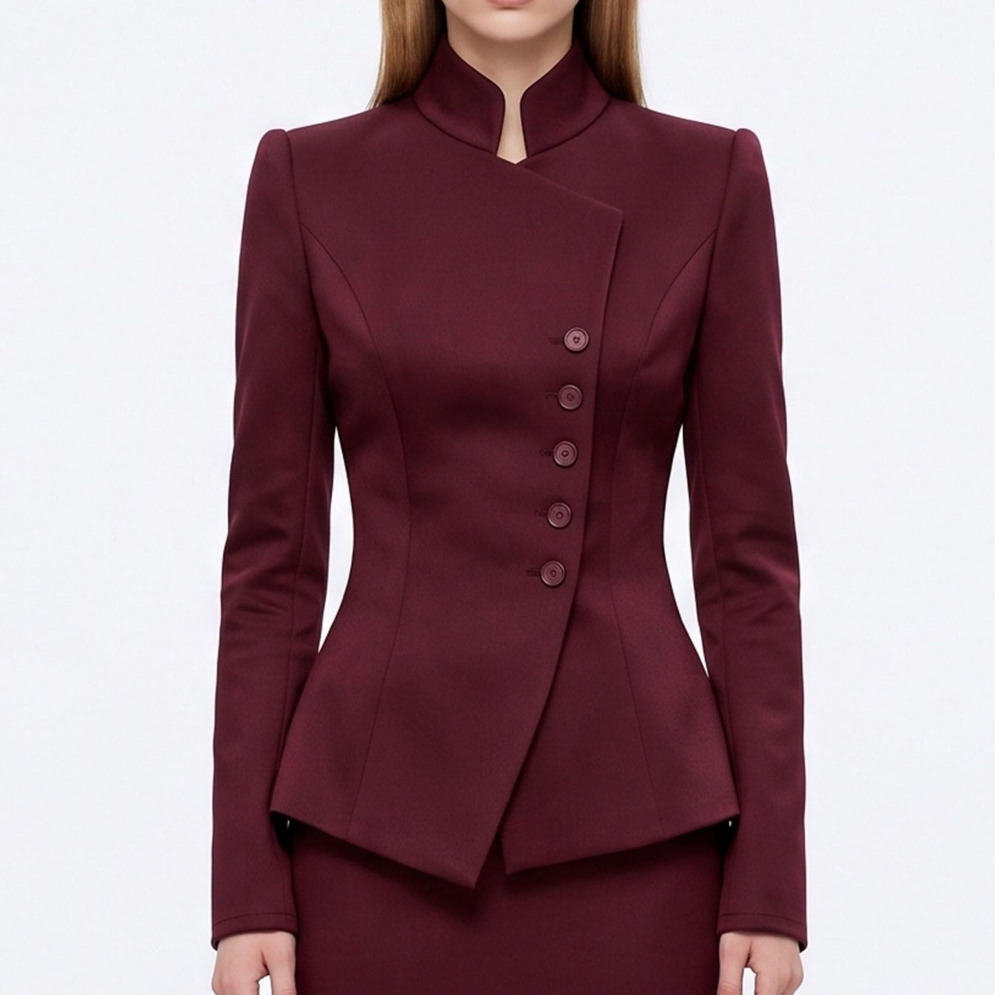 Asymmetric Button Front Blazer with Stand Collar and Peplum Hem