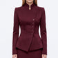 Asymmetric Button Front Blazer with Stand Collar and Peplum Hem