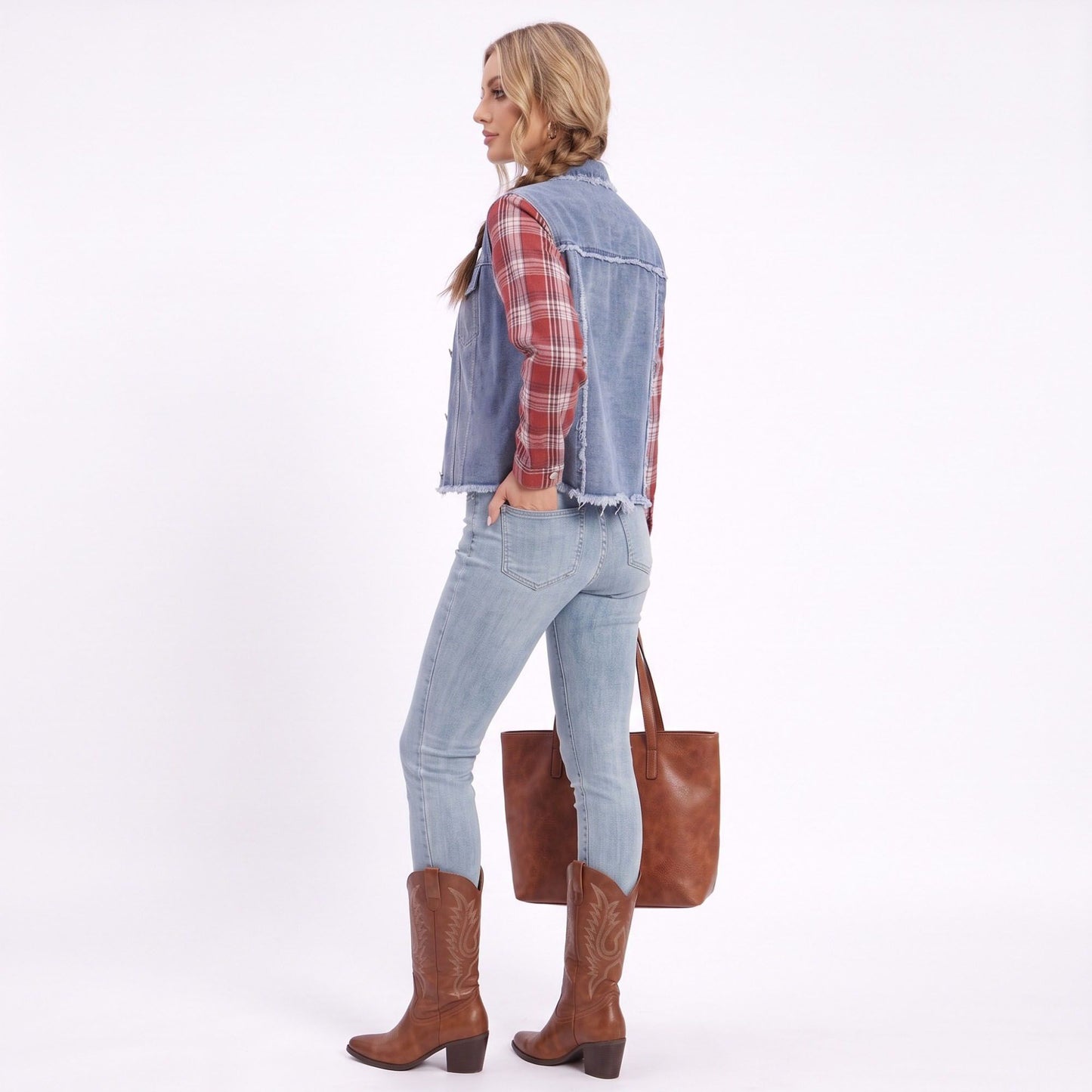 Plaid Sleeve Denim Jacket Button Front Distressed Frayed Hem Shacket