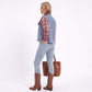 Plaid Sleeve Denim Jacket Button Front Distressed Frayed Hem Shacket