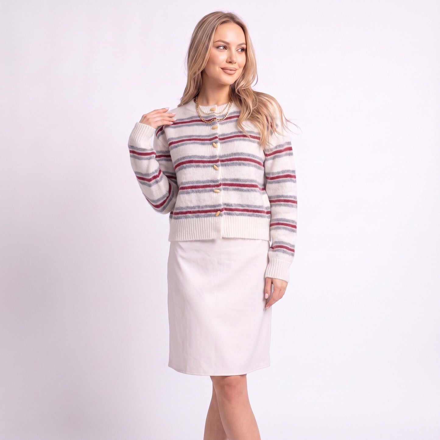 Striped Crewneck Button-Front Cardigan Sweater