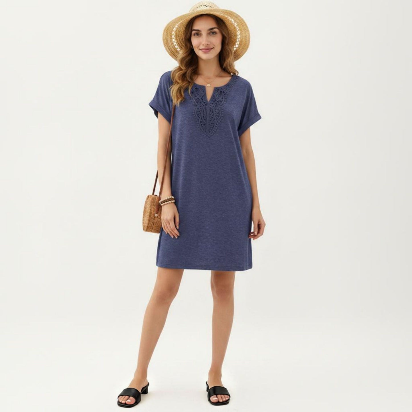 Short Sleeve Shift Dress with Split V Neck Embroidered Detail Relaxed Fit Casual Tunic Dress