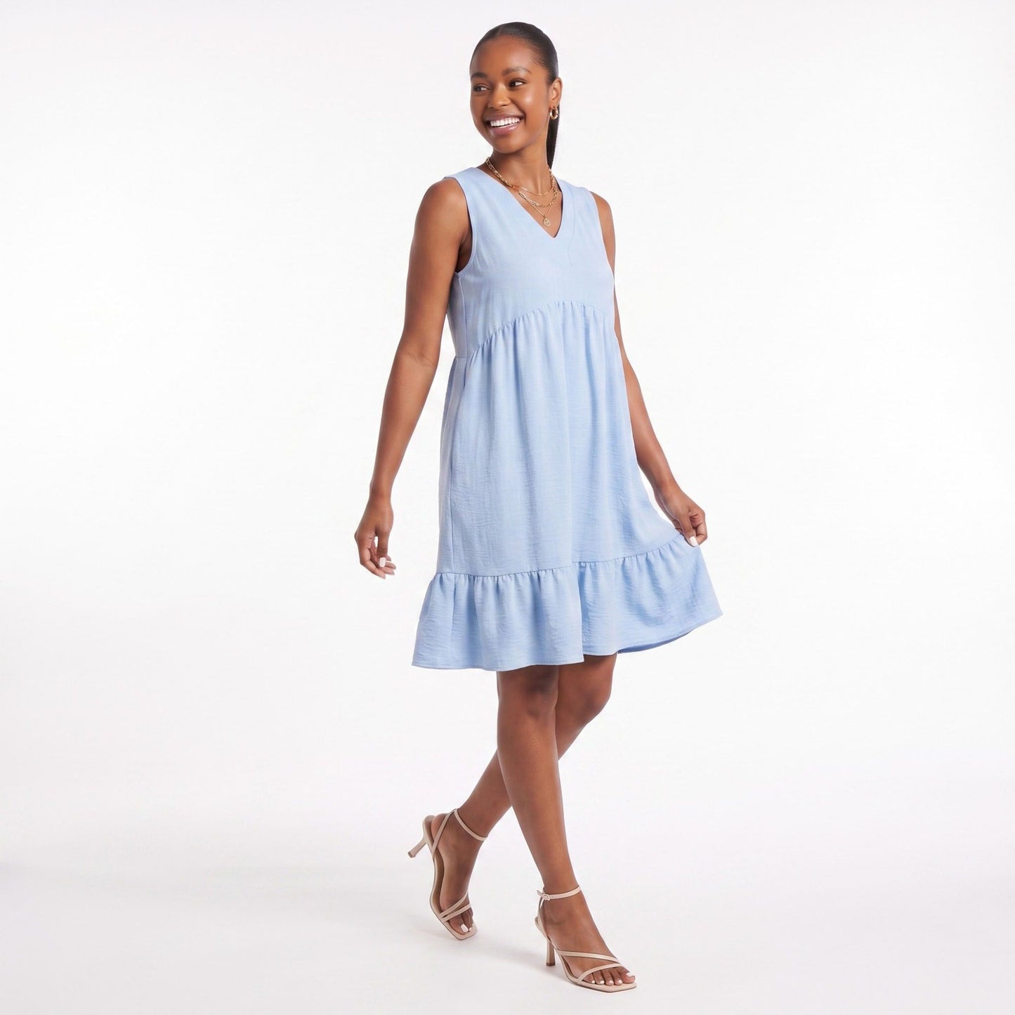 Sleeveless V-Neck Babydoll Ruffle Hem Dress with Pockets