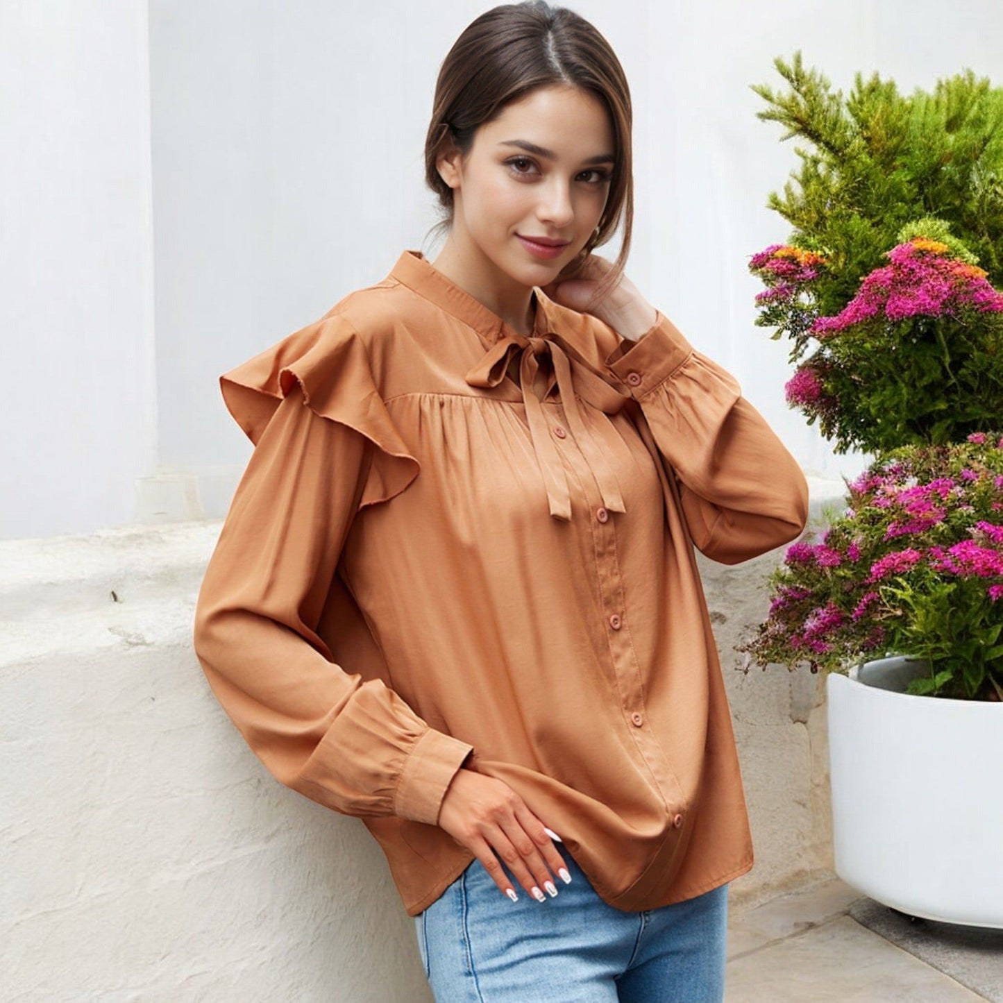 Long Sleeve Button Down Blouse Ruffle Details Bow Tie Neck