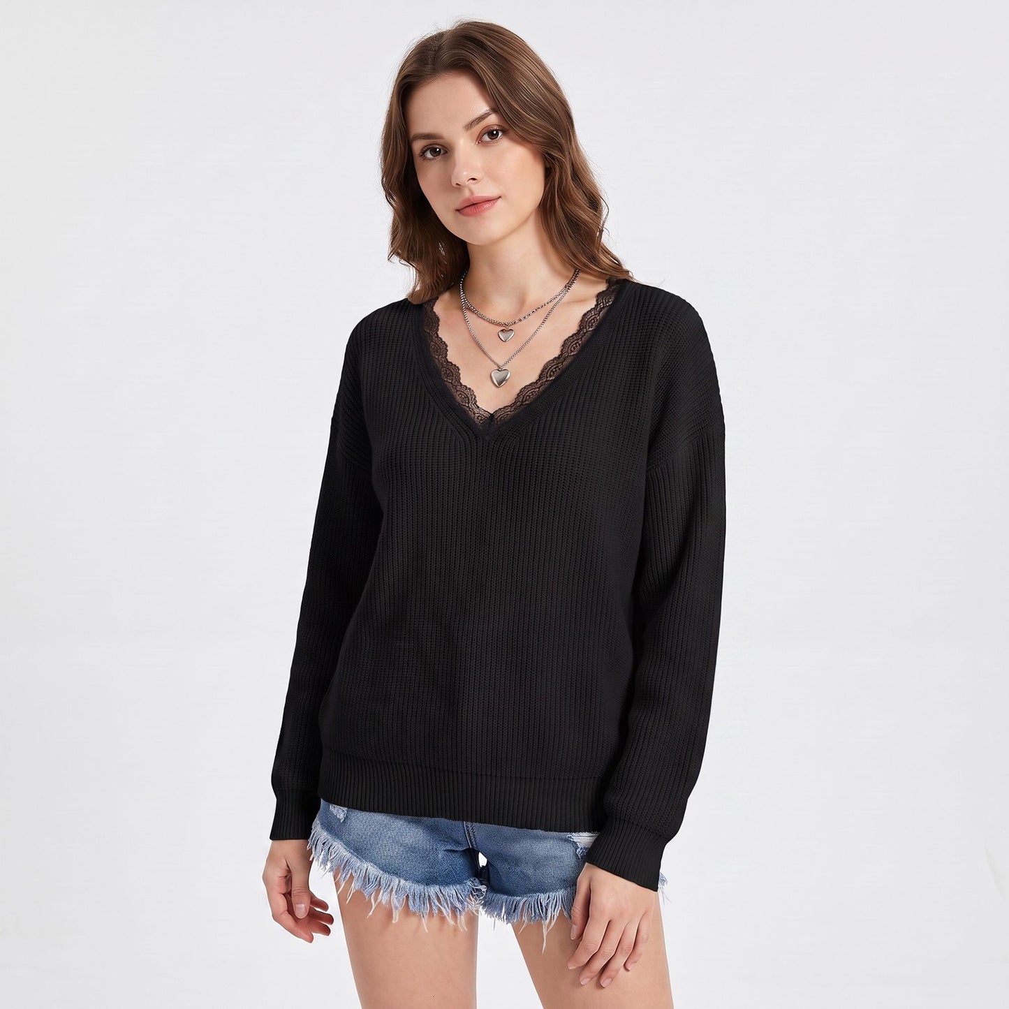 Lace Trim V Neck Long Sleeve Knit Pullover Sweater