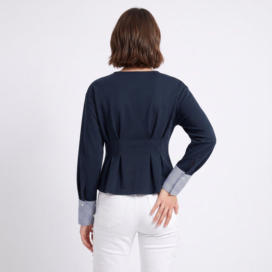 Peplum Top Crew Neck Long Sleeve Pleated Waist Contrast Stripe Cuffs