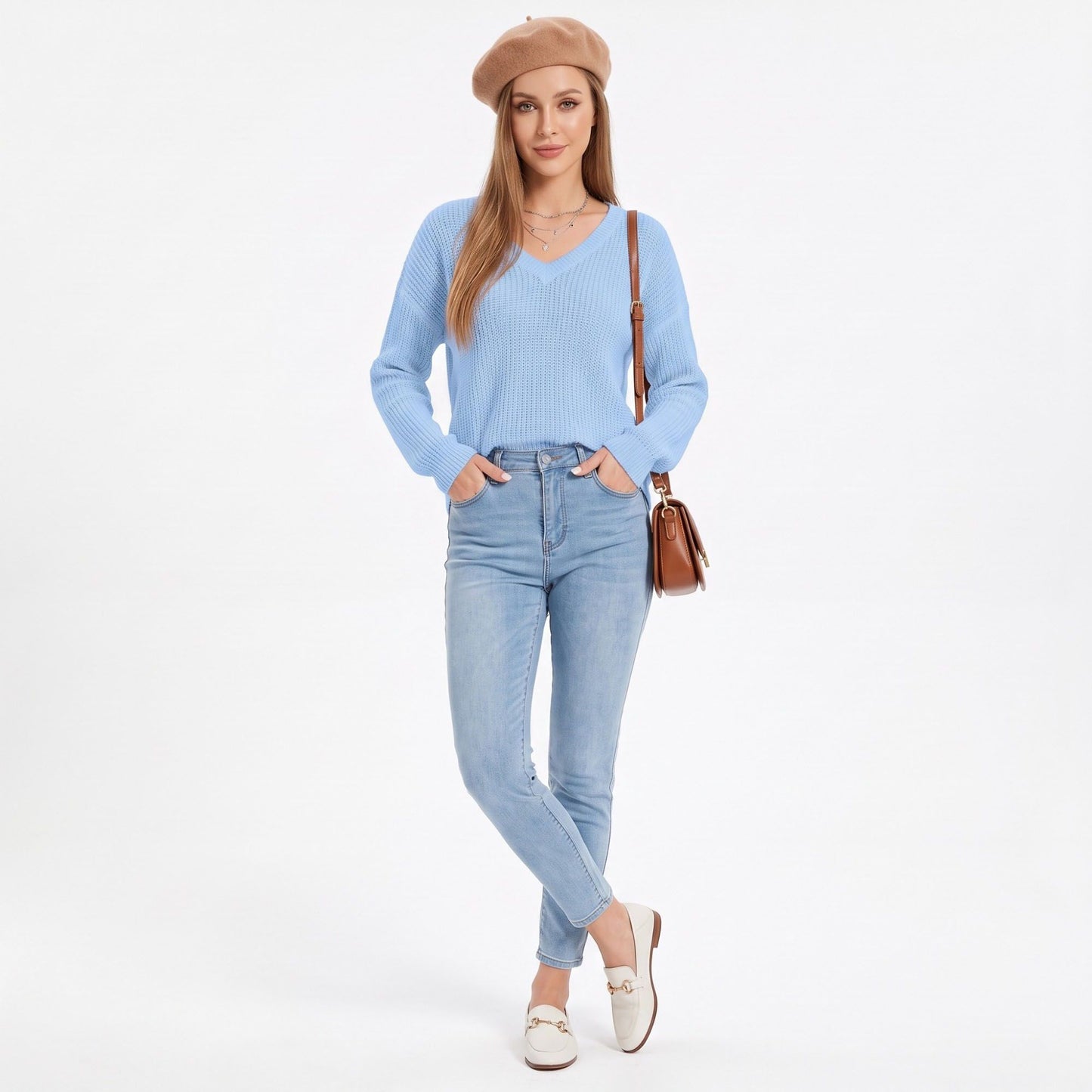 V Neck Textured Knit Pullover Sweater with Long Sleeves