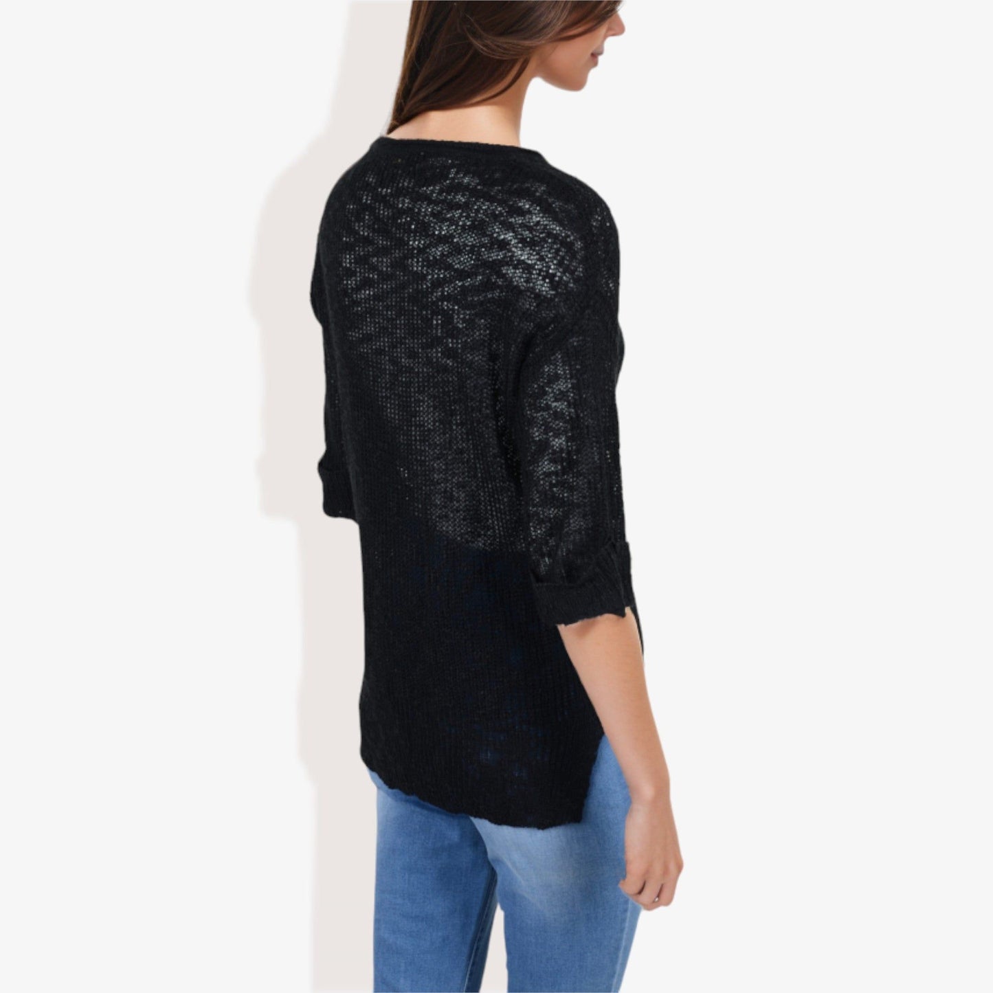 Lightweight Long Sleeve Knit Top Notch Neck Rolled Cuffs